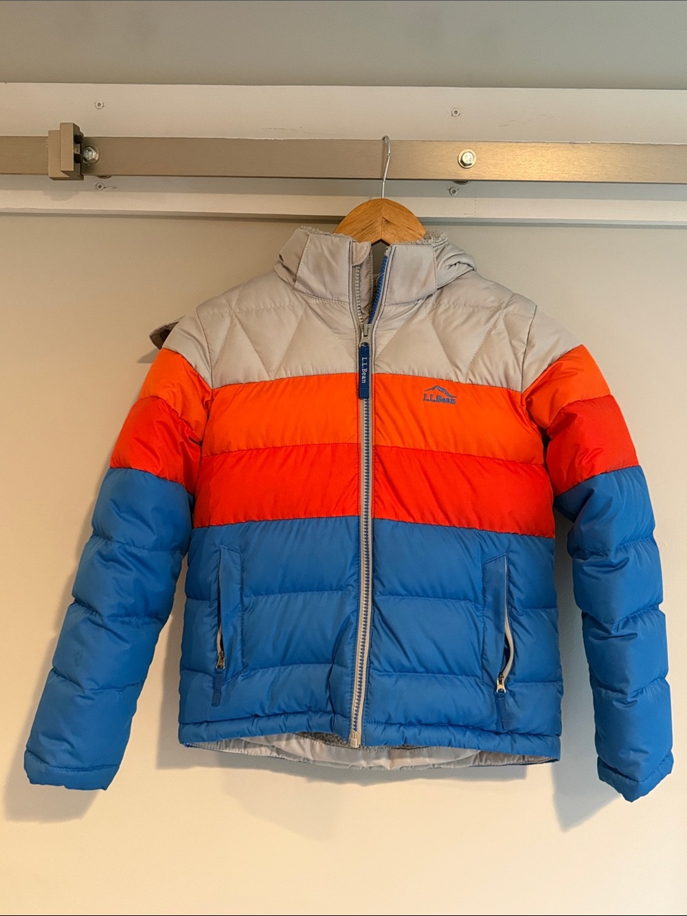 L.L. Bean Kids Colorblock Puffer Jacket - Blue, Orange & Gray